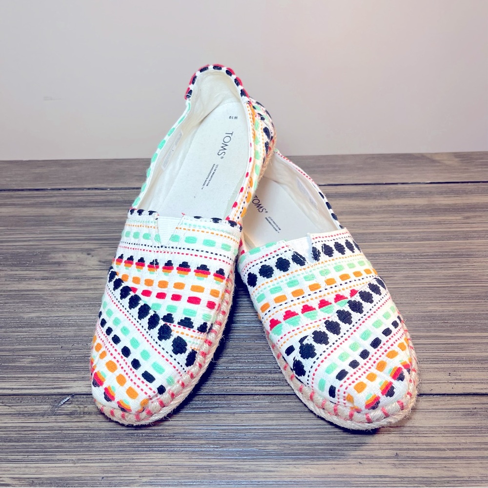 TOMS Alpargata Rope Espadrille Flat Women’s 10 Natural Woven Boho Embroi…
